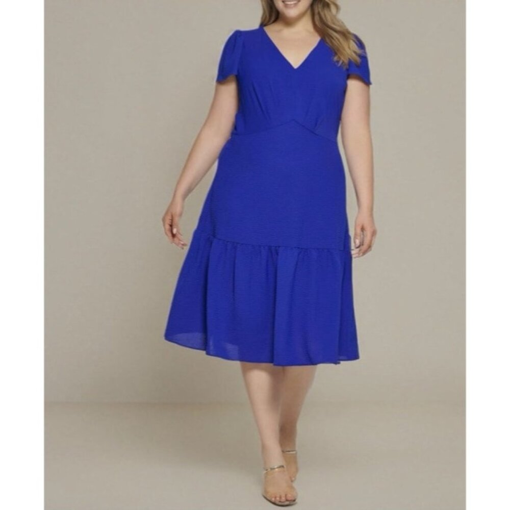 Donna Karan DKNY Midi Dress 20W Cobalt Blue Short Sleeve Flowy Washable NEW $139